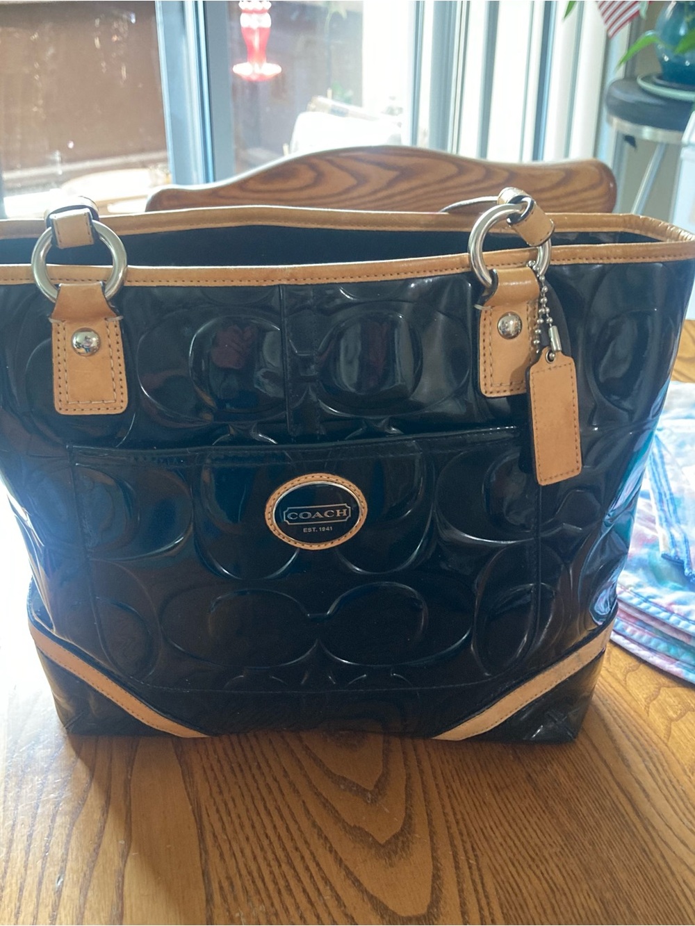 Coach Black Patent Leather Tote with Tan Trim